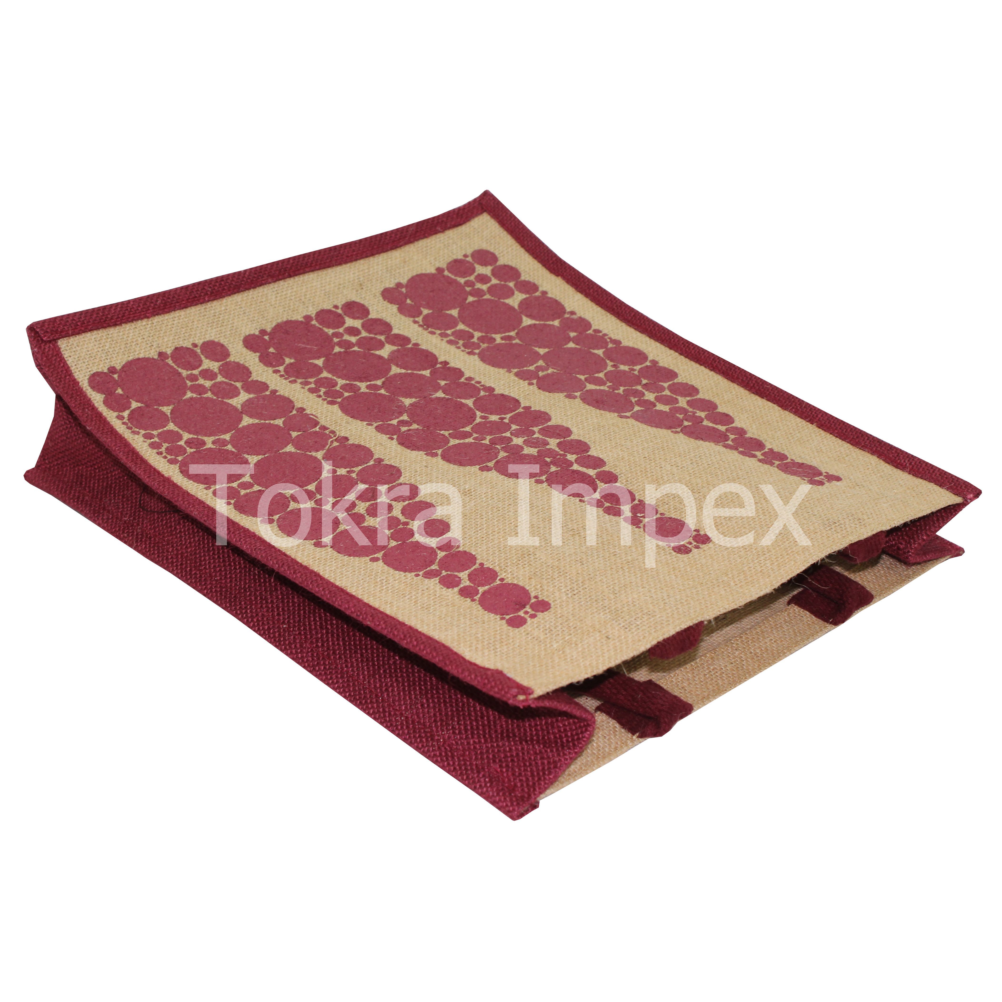 Customizable Jute Bottle Bag - 35x30x10 Cm, Natural/maroon Color - Eco-friendly, Biodegradable, Reusable With Hand Length Handles And Screen Printing