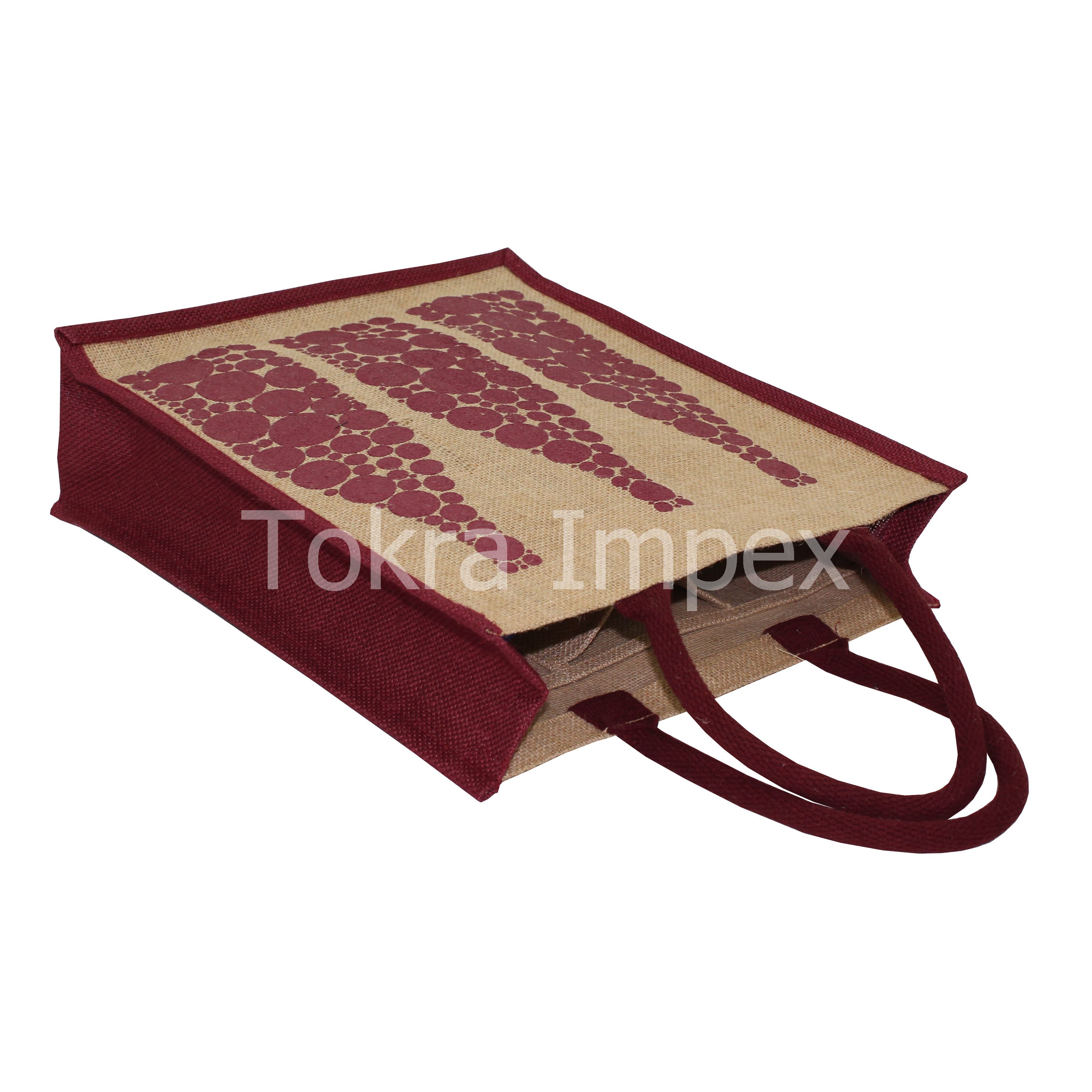 Customizable Jute Bottle Bag - 35x30x10 Cm, Natural/maroon Color - Eco-friendly, Biodegradable, Reusable With Hand Length Handles And Screen Printing