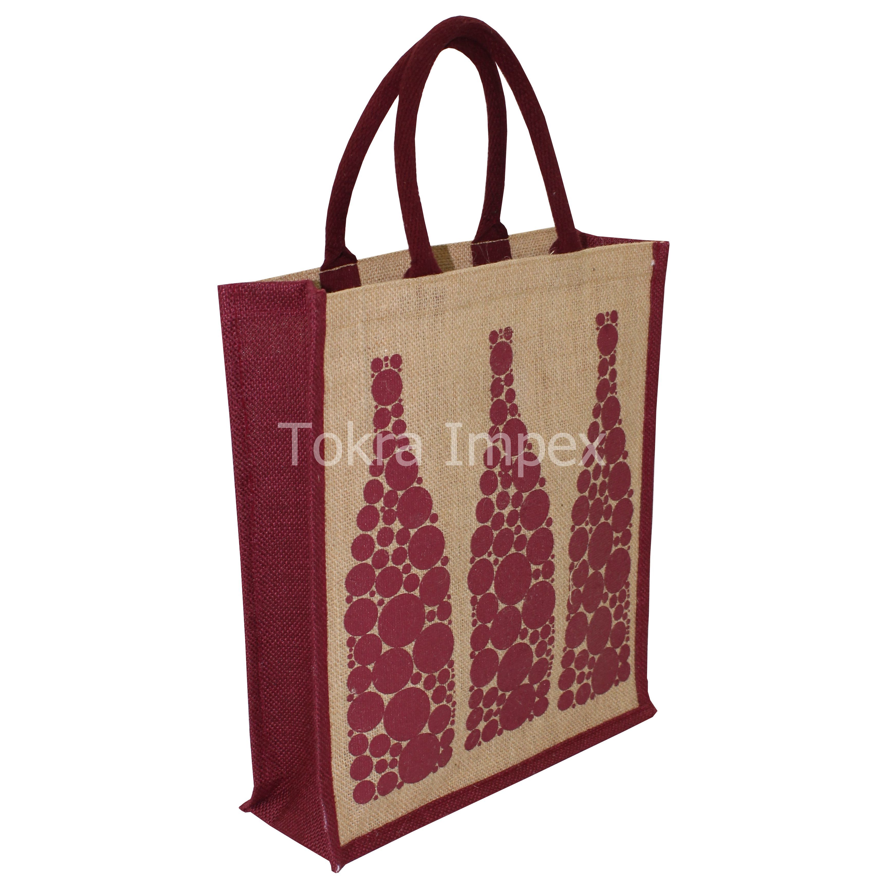 Customizable Jute Bottle Bag - 35x30x10 Cm, Natural/maroon Color - Eco-friendly, Biodegradable, Reusable With Hand Length Handles And Screen Printing