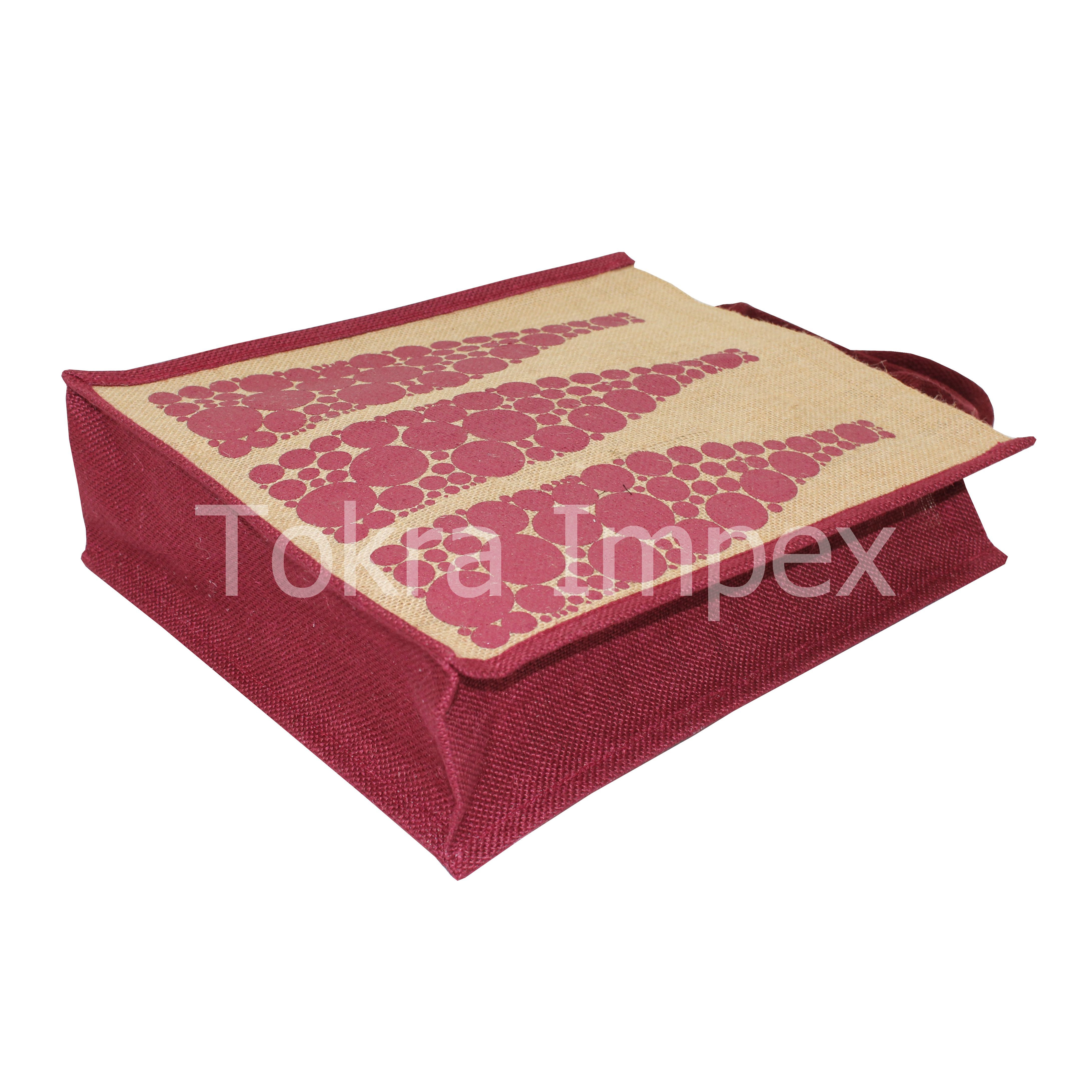 Customizable Jute Bottle Bag - 35x30x10 Cm, Natural/maroon Color - Eco-friendly, Biodegradable, Reusable With Hand Length Handles And Screen Printing