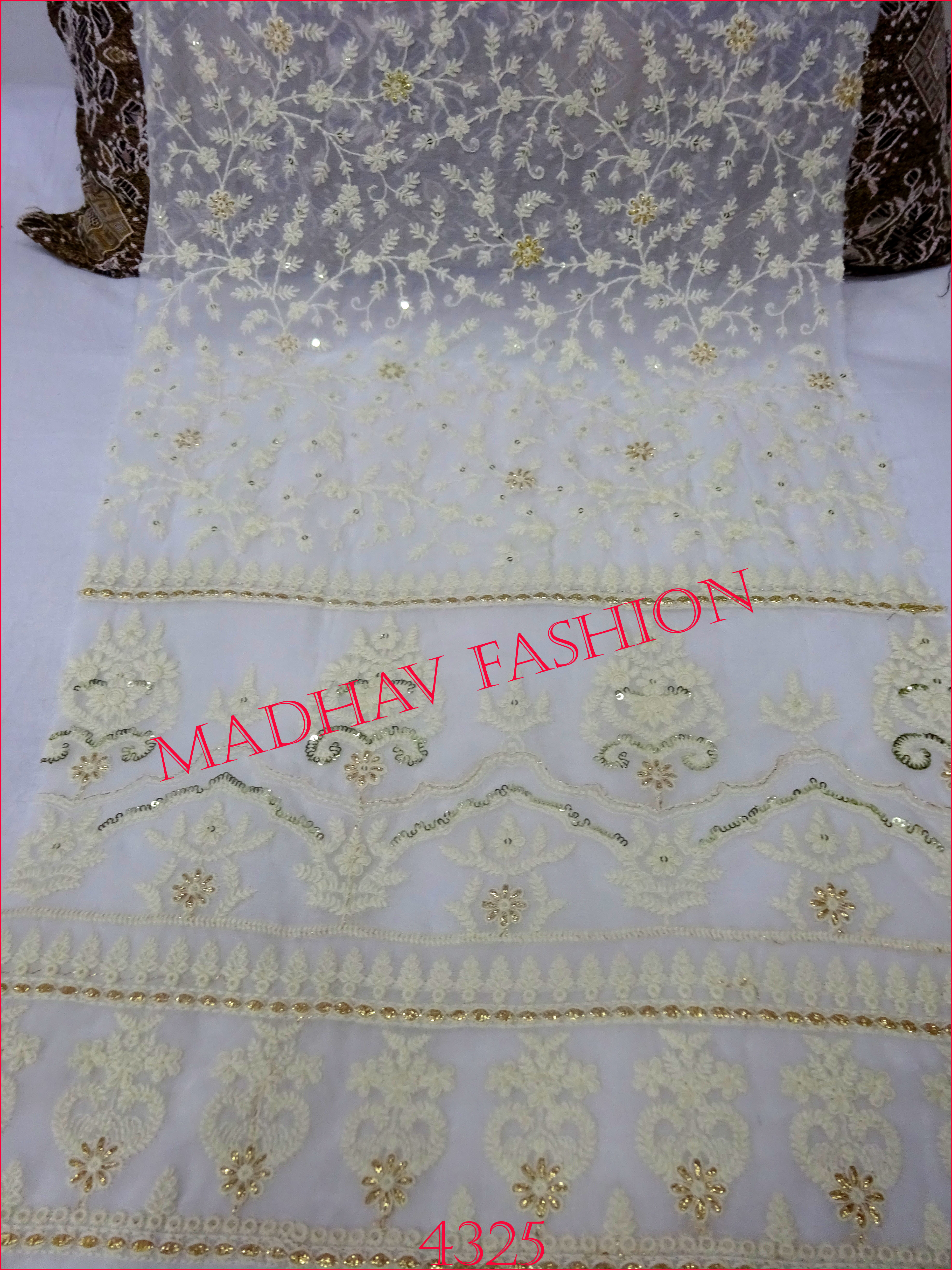 Georgette Fabric - 54 Meter Width, White Color | Lightweight Embroidered Design For Bridal Lehenga Choli, Blouse, Saree