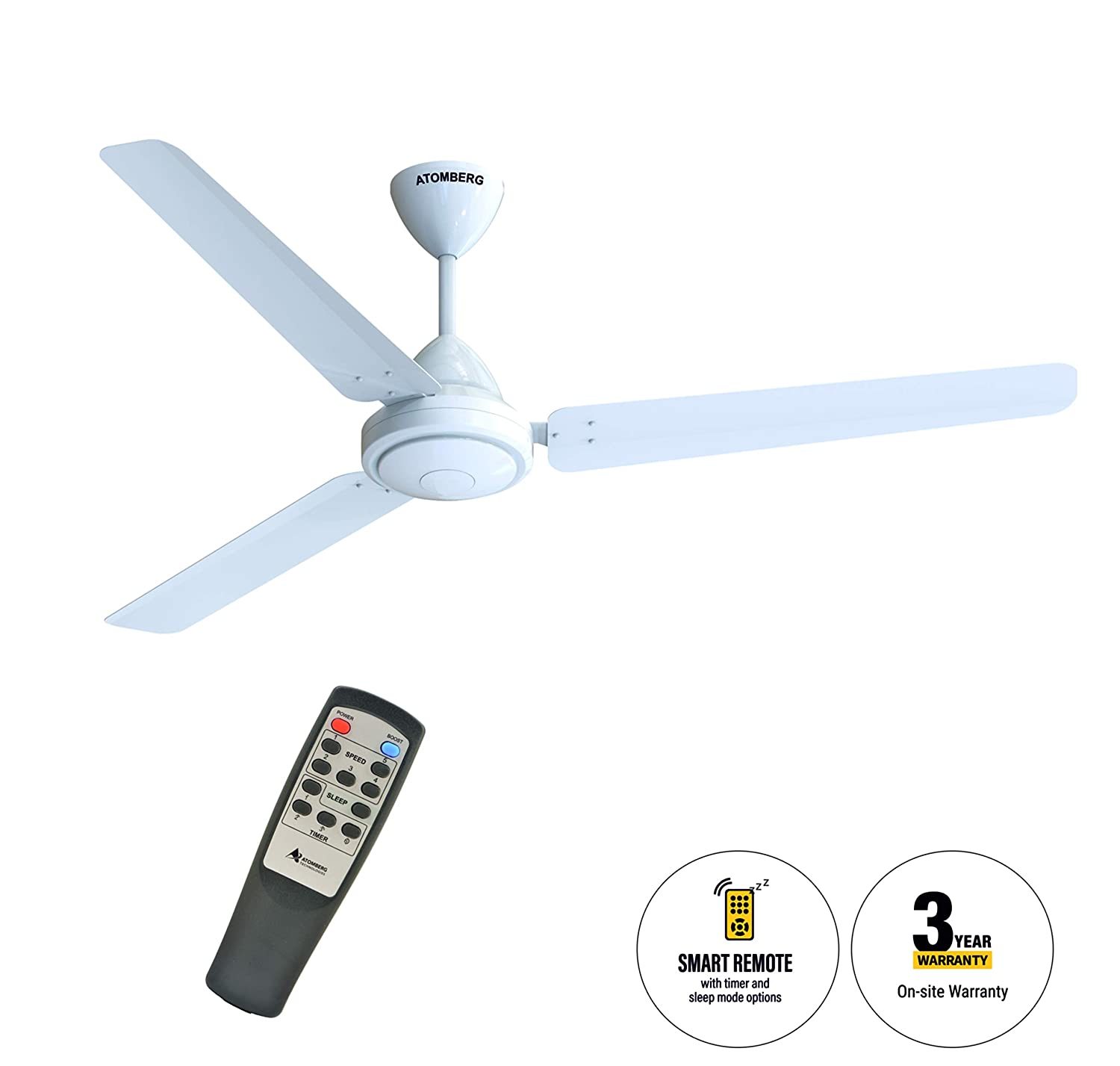 Atomberg Gorilla Ceiling Fan - Aluminum, 48 Inch Blade Diameter, White And Brown Colors | 5-star Energy Efficiency, Remote Operated, 3 Blades, 28-35 Watt Power, 3-year Warranty