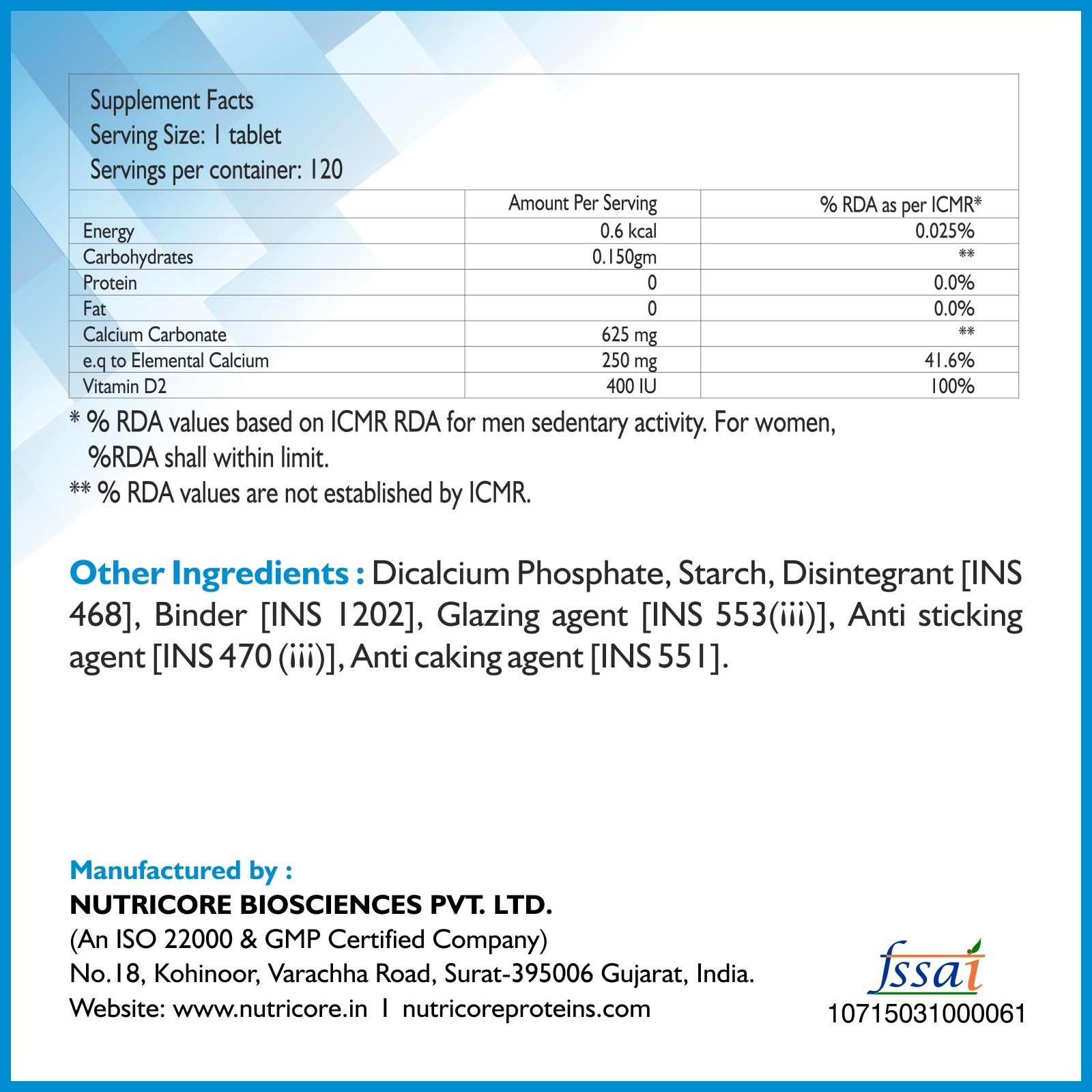 Calcium Vitamins - Tablet Form With Calcium Carbonate & Cholecalciferol | Strengthens Bones And Teeth Improves Joint Flexibility Daily Dosage Guidance