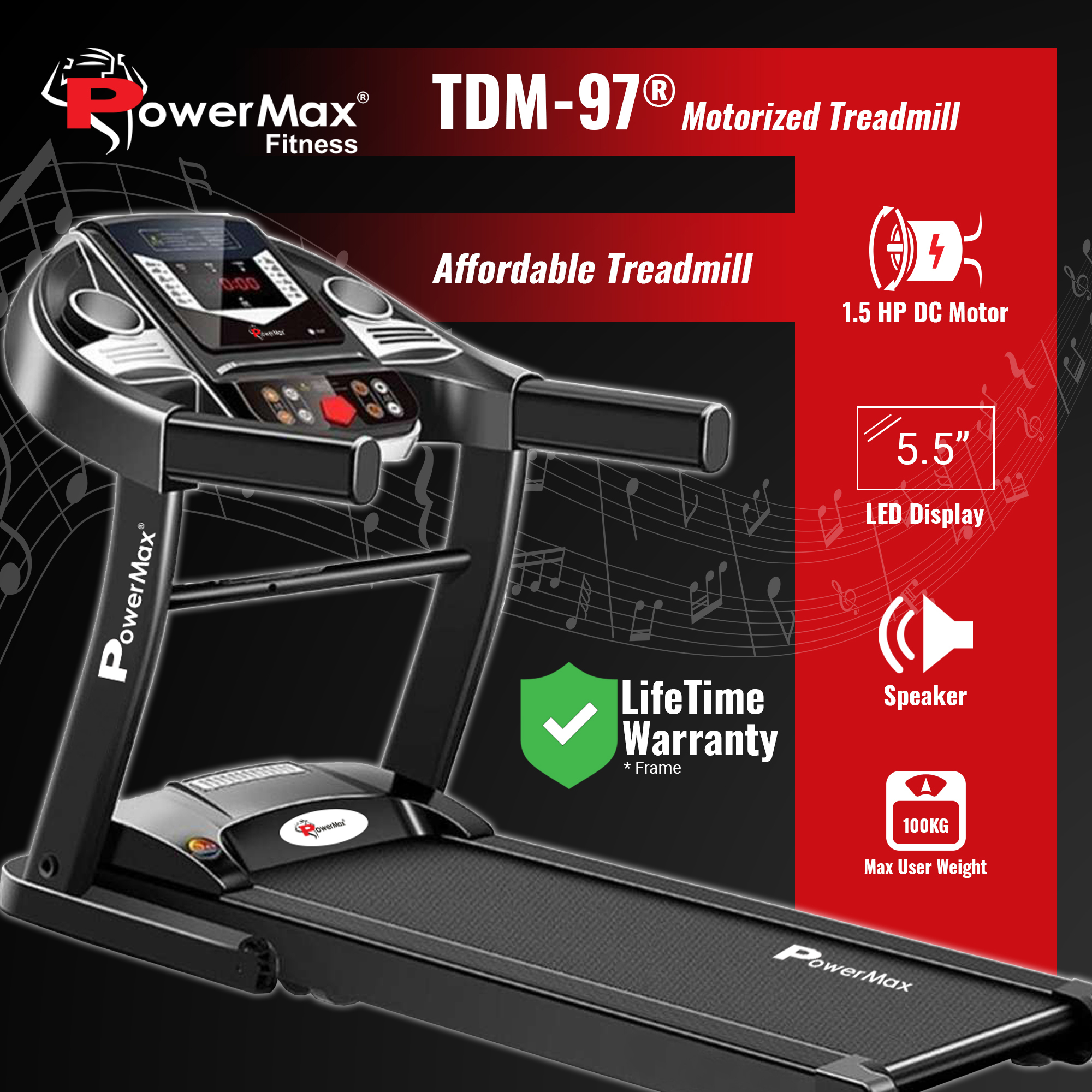 Powermax Fitness Tdm-97 Motorised Treadmill - 1.0hp Dc Motor, 1100x400mm Running Surface | 5-layer Anti-skid Belt, 14cm Led Display, 12 Pre-set Programs, Foldable Design