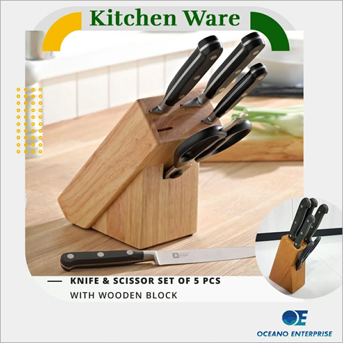 Knife And Scissor Set - Stainless Steel Blades, Elegant Brown Wooden Block | Versatile For Fruit And Vegetable Cutting, Ergonomic Design, 5 Piece Collection