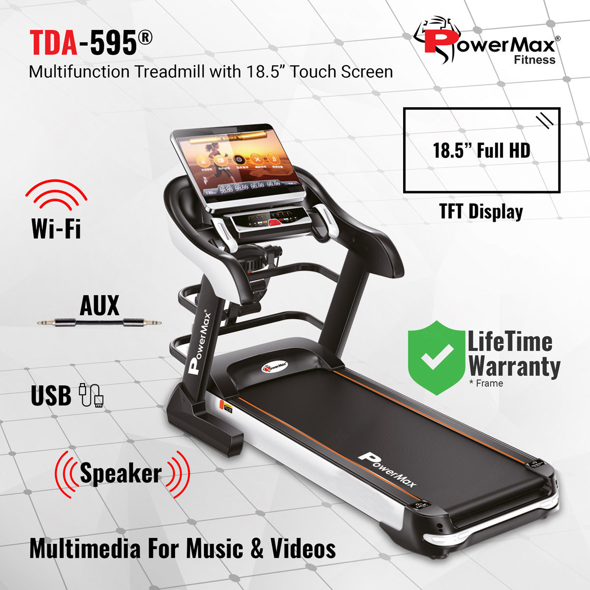 Tda-595 Multi-function Treadmill With Auto Lubrication & 18.5inch Display Application: Cardio