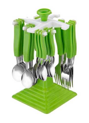 Plastic Cutlery Set - 24 Pieces, Green Plastic Spoons, Forks, Knives with Square Base Stand