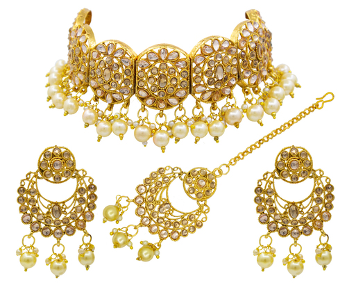 Gold Beaded Kundan Patti Choker Necklace Set - Alloy Material, Golden Color | Elegant Necklace, Mang Tikka, and Earring Set for Festive and Casual Wear