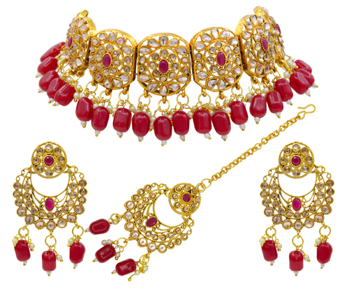 Traditional Kundan Design Jewelry Set - Gold Plated Alloy, Red Beads Necklace with Mang Tikka and Earrings for Festive Occasions