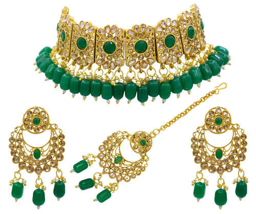 Traditional Gold Plated Kundan Patti Choker - Alloy Material , Green Color , Elegant Jewelry Set with Necklace, Mang Tikka, Earrings for Festive Wear