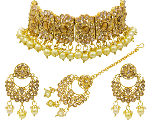 Gold Plated Gold Beaded Kundan Patti Choker Necklace Set - Includes Necklace, Mang Tikka, Earrings | Elegant Design for Casual and Festive Wear