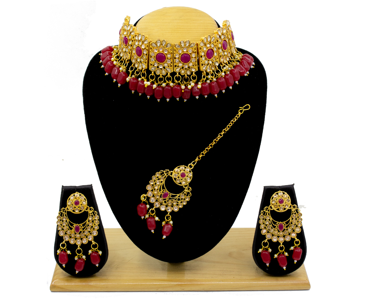 Kundan Red Beads Patti Choker - Gold Plated Red Color | Exquisite Necklace Set With Earrings & Mang Tikka For Festive And Casual Wear