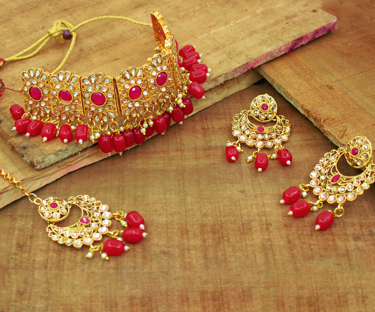 Kundan Red Beads Patti Choker - Gold Plated Red Color | Exquisite Necklace Set With Earrings & Mang Tikka For Festive And Casual Wear