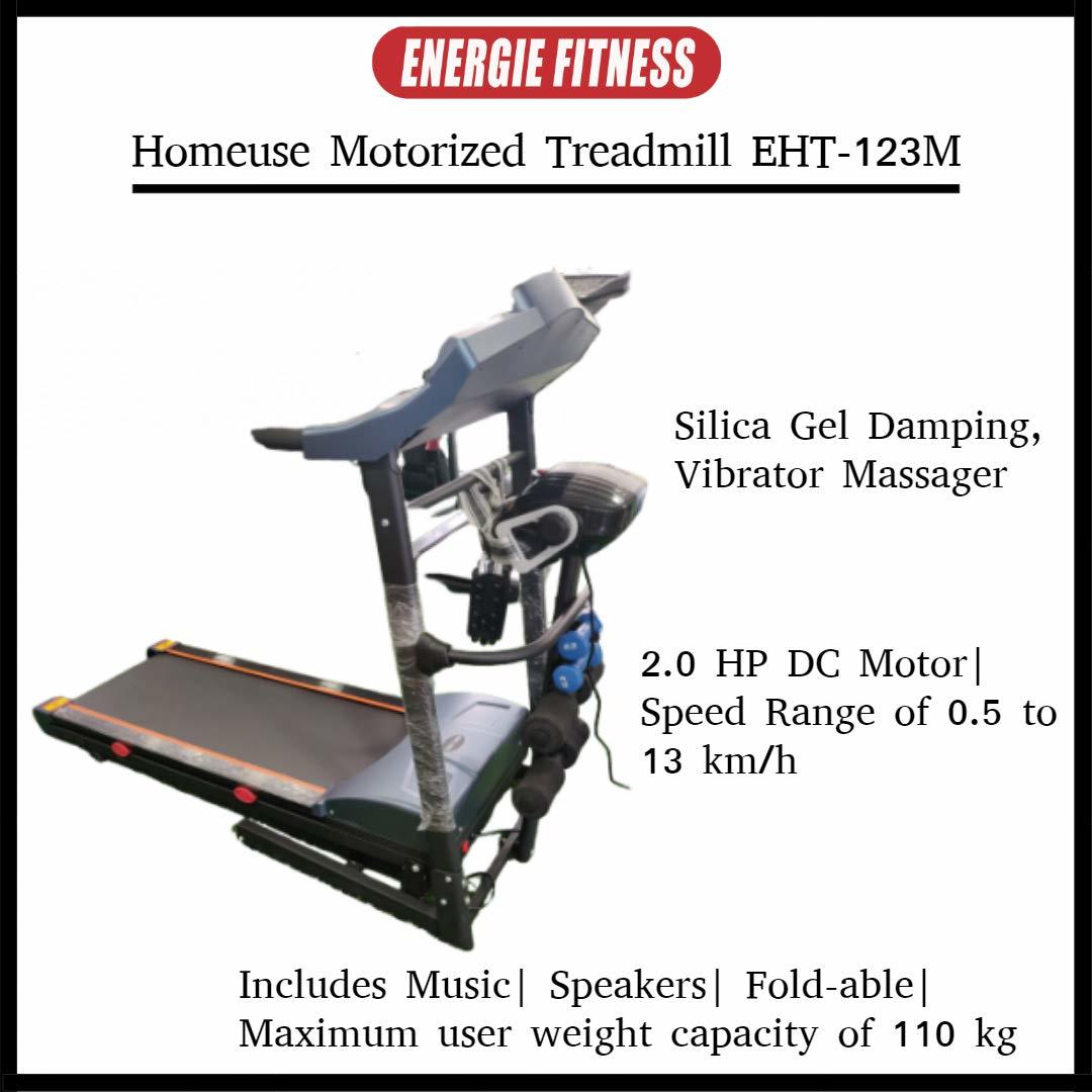 Energie Fitness Home Use Treadmill - 2.00 Hp Motor, 100 Kg Capacity | Vibrator Massager, Heart Rate Program, Mp3 Speakers, Folding Design