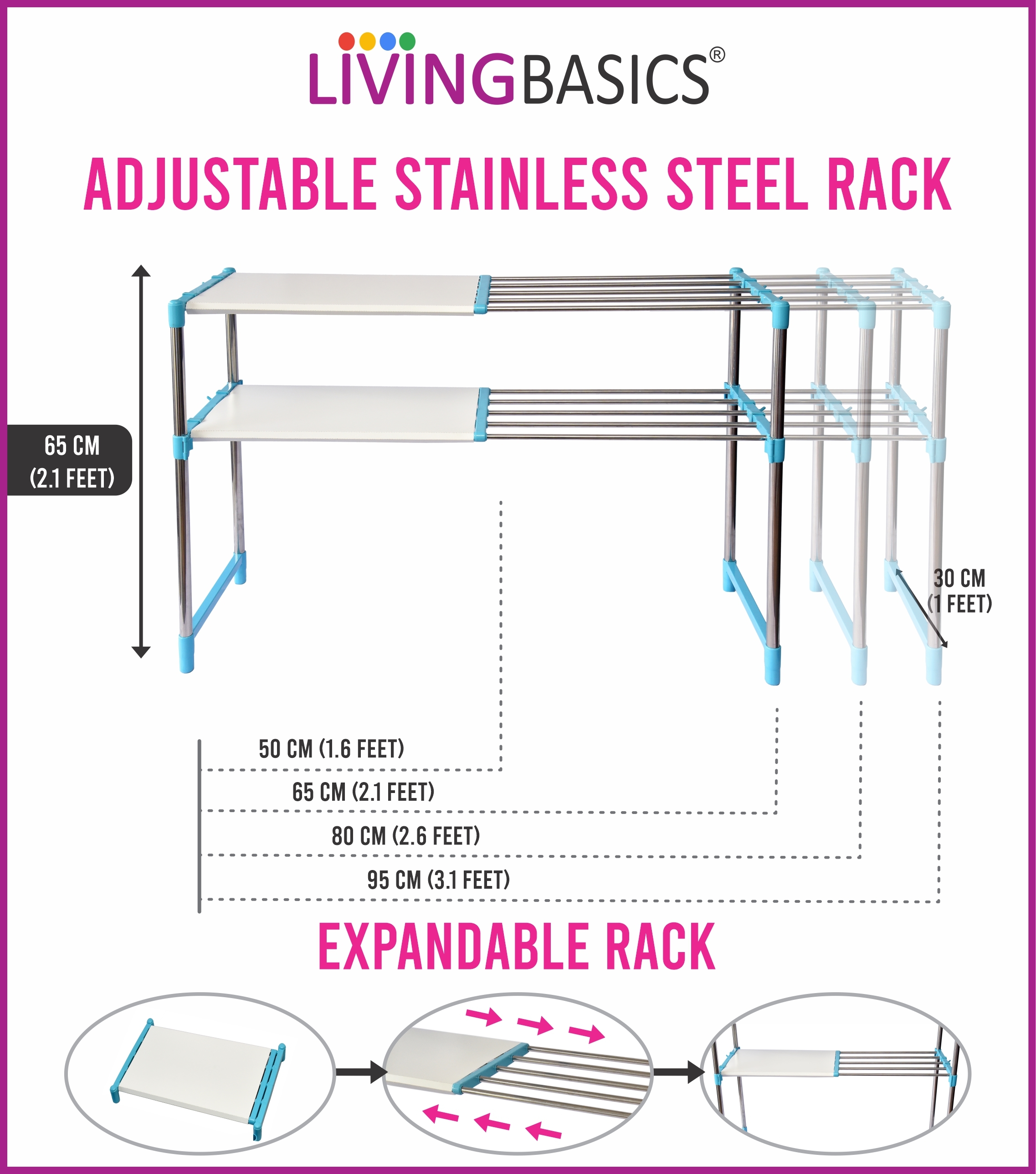 2 Layer Shoes Rack - Stainless Steel 2.1x1x2.1 Feet Cyan Blue | Adjustable No Assembly Required Rust-free Multipurpose Stand 1 Year Warranty