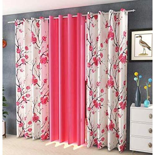 Printed Curtains - Polyester Material, 54 x 95 Inches Pink Eyelet Design | Machine Washable, 3 Panels, Lightweight