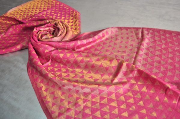 Fine Wool Zari Pyramid Stole - 70x200 Cms | Triangular Design In Red, Black, Beige, Green, Orange With Gold Accents