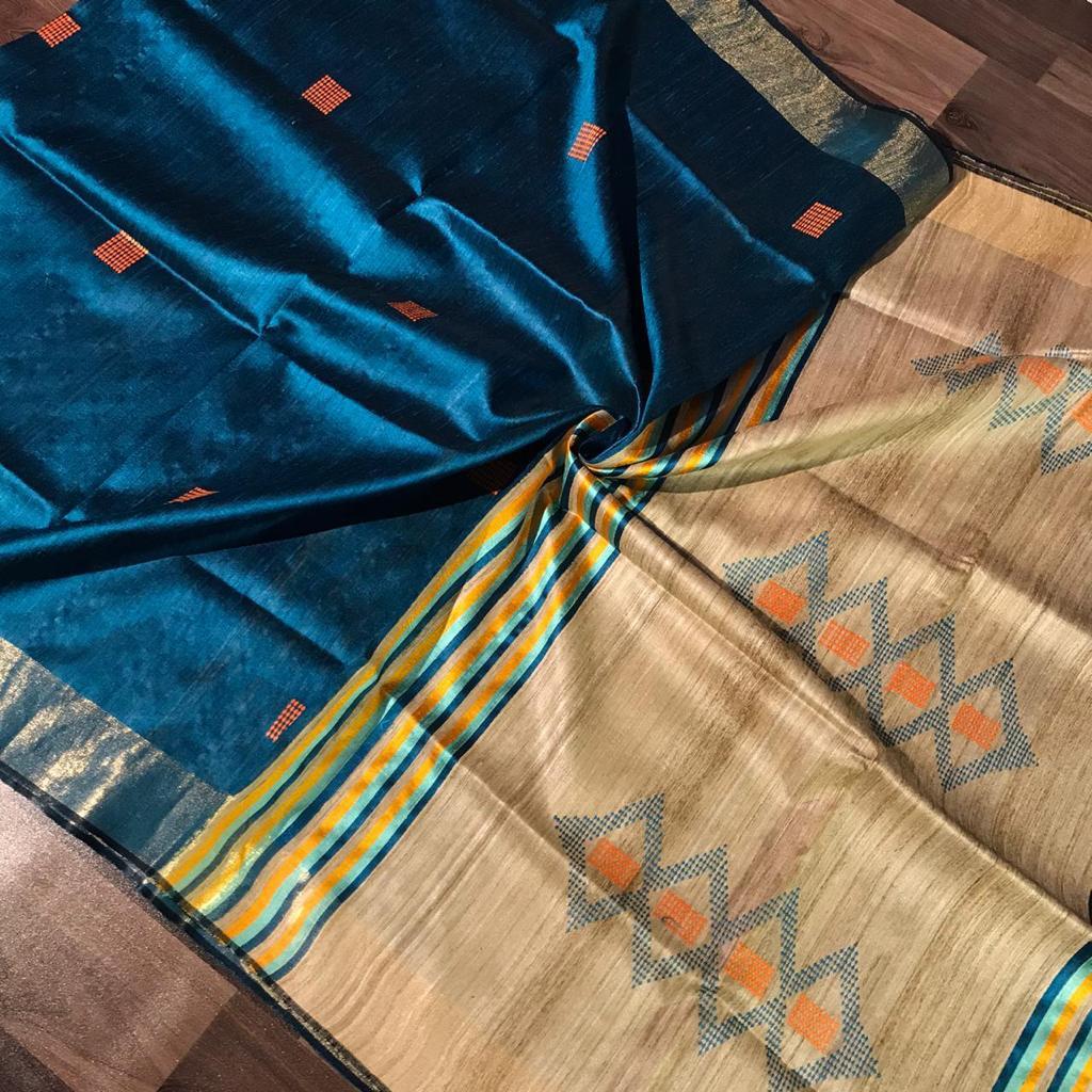 Pure Dupion Raw Silk Handloom Saree With Blouse - Material: Silk, Occasion: Party Wear, Pattern: Plain, Seasons: Rainy, Spring, Summer, Winter