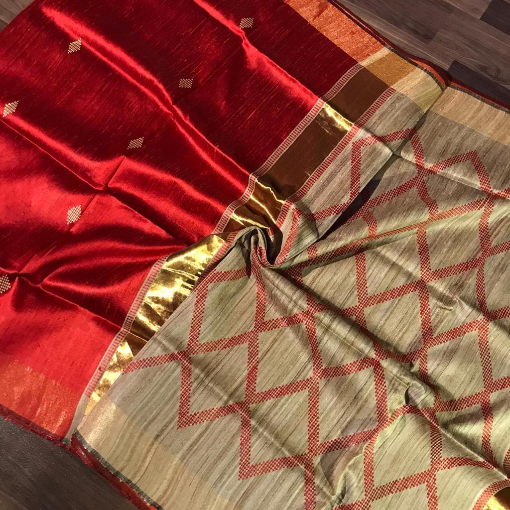 Pure Dupion Raw Silk Handloom Saree With Blouse - Material: Silk, Occasion: Party Wear, Pattern: Plain, Seasons: Rainy, Spring, Summer, Winter