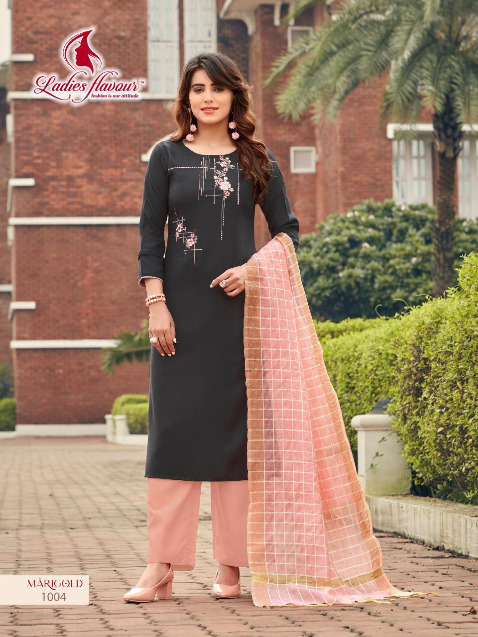 Marigold Rayon Kurtis Catalogue Set - Cotton Polyester Top & Bottom, Pure Banarasi Dupatta | Printed, Washable, Casual Wear For Ladies