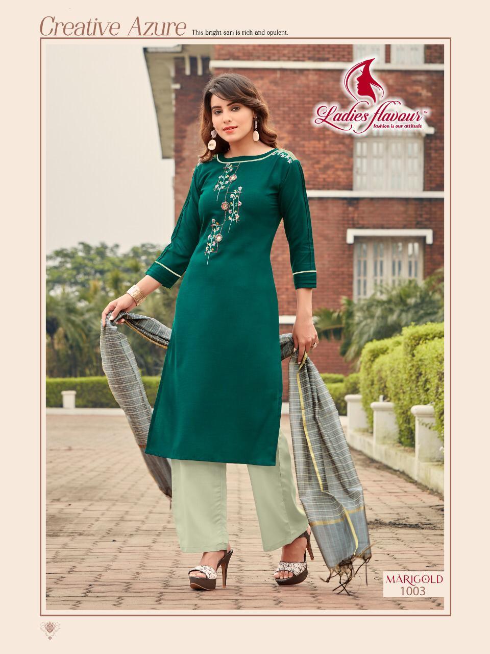 Marigold Rayon Kurtis Catalogue Set - Cotton Polyester Top & Bottom, Pure Banarasi Dupatta | Printed, Washable, Casual Wear For Ladies