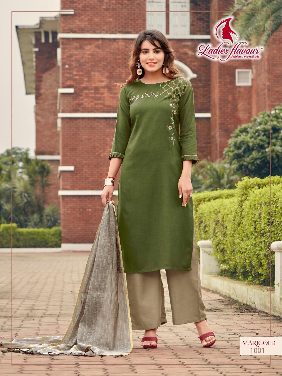 Marigold Rayon Kurtis Catalogue Set - Cotton Polyester Top & Bottom, Pure Banarasi Dupatta | Printed, Washable, Casual Wear For Ladies