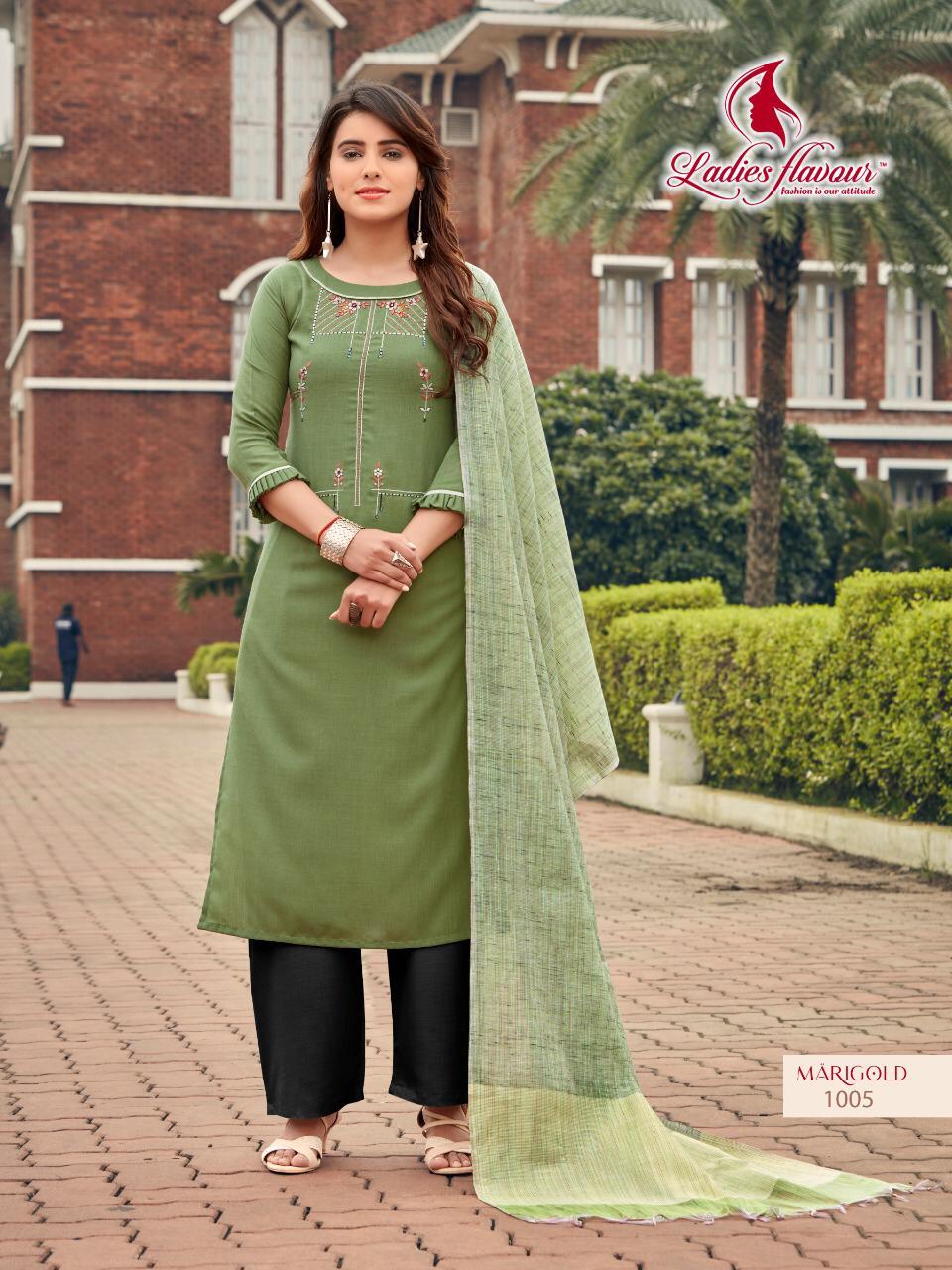 Marigold Rayon Kurtis Catalogue Set - Cotton Polyester Top & Bottom, Pure Banarasi Dupatta | Printed, Washable, Casual Wear For Ladies