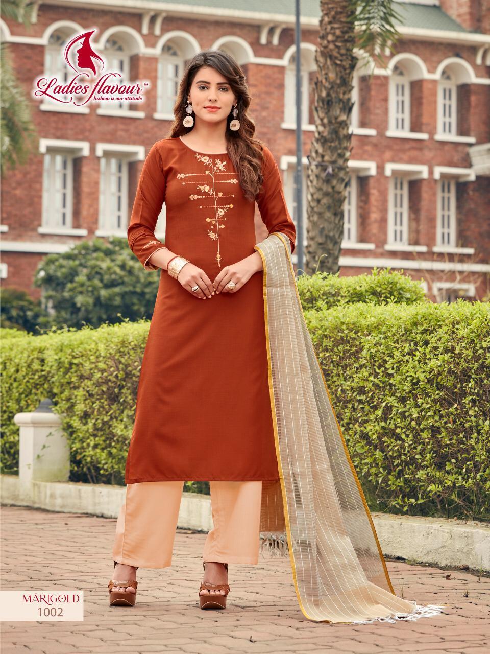 Marigold Rayon Kurtis Catalogue Set - Cotton Polyester Top & Bottom, Pure Banarasi Dupatta | Printed, Washable, Casual Wear For Ladies