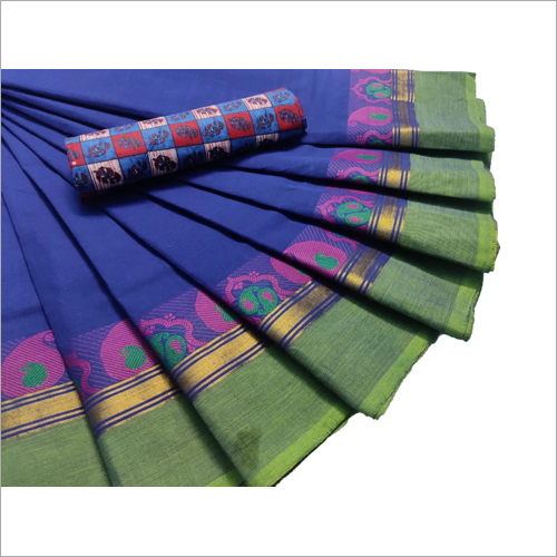 Cotton Ladies Blue Designer Border Saree