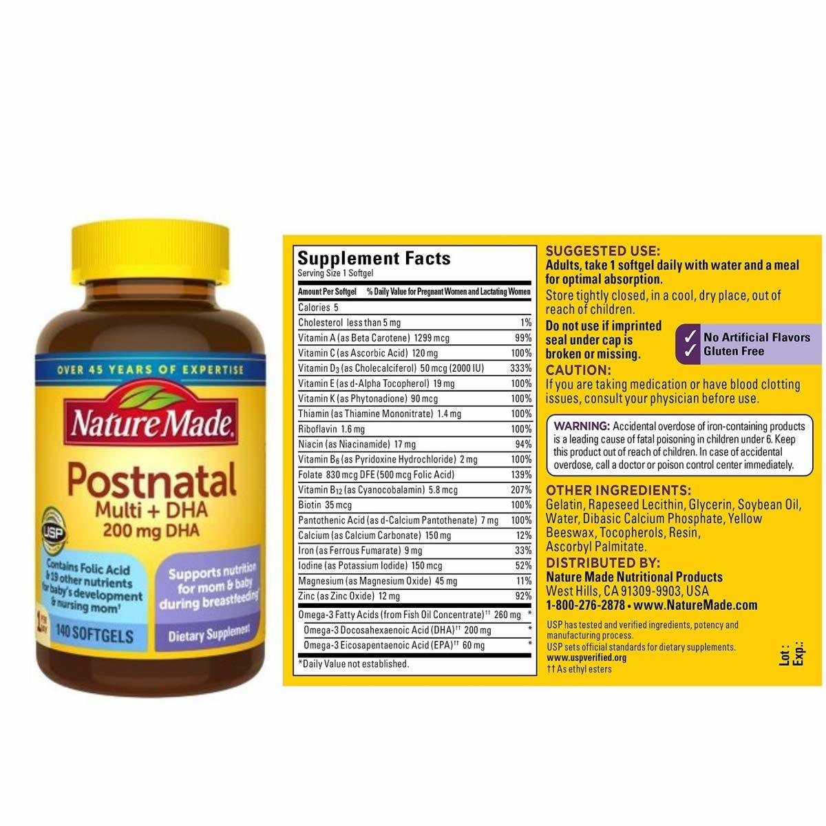 Nature Made Postnatal Multi+ Dha - 140 Vegetarian Softgels | Promotes Healthy Development & Growth