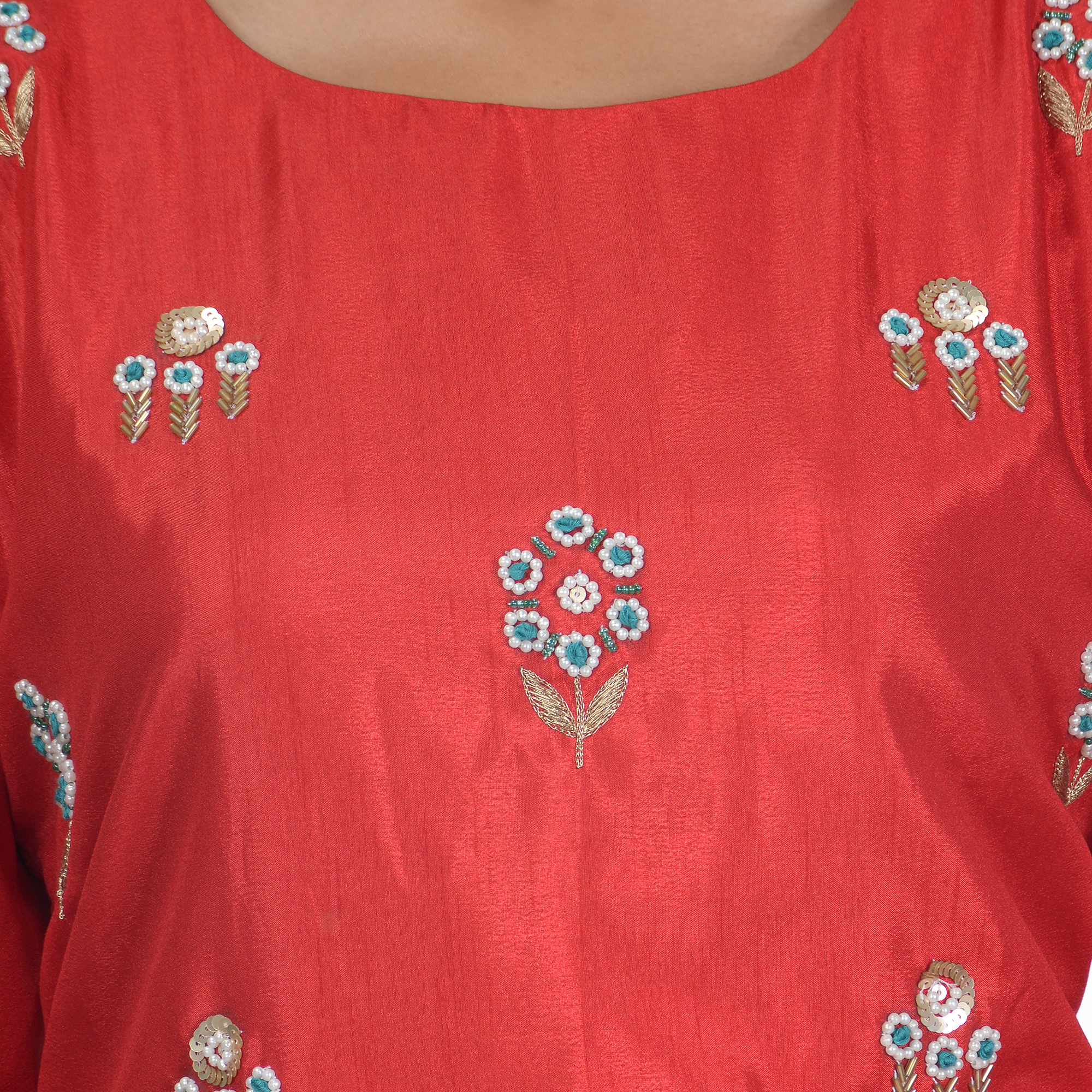 Embroidered Kurti Plazzo Set - Georgette Material, Available Sizes S M L Xl | Heavy Hand Embroidery, Elegant Red Green Design