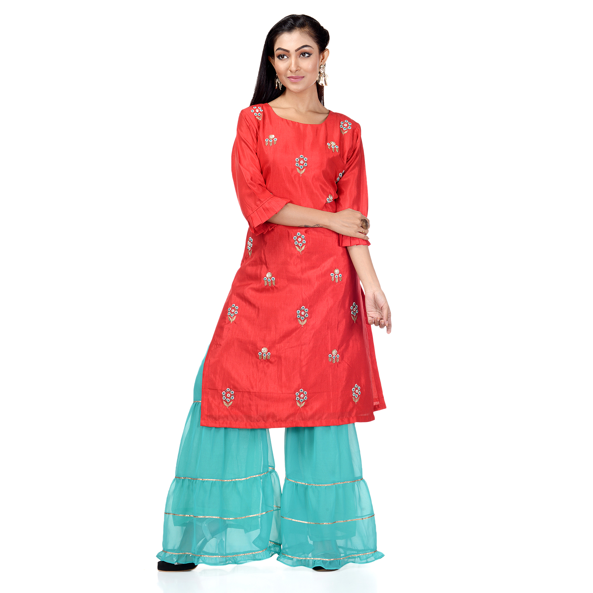 Embroidered Kurti Plazzo Set - Georgette Material, Available Sizes S M L Xl | Heavy Hand Embroidery, Elegant Red Green Design