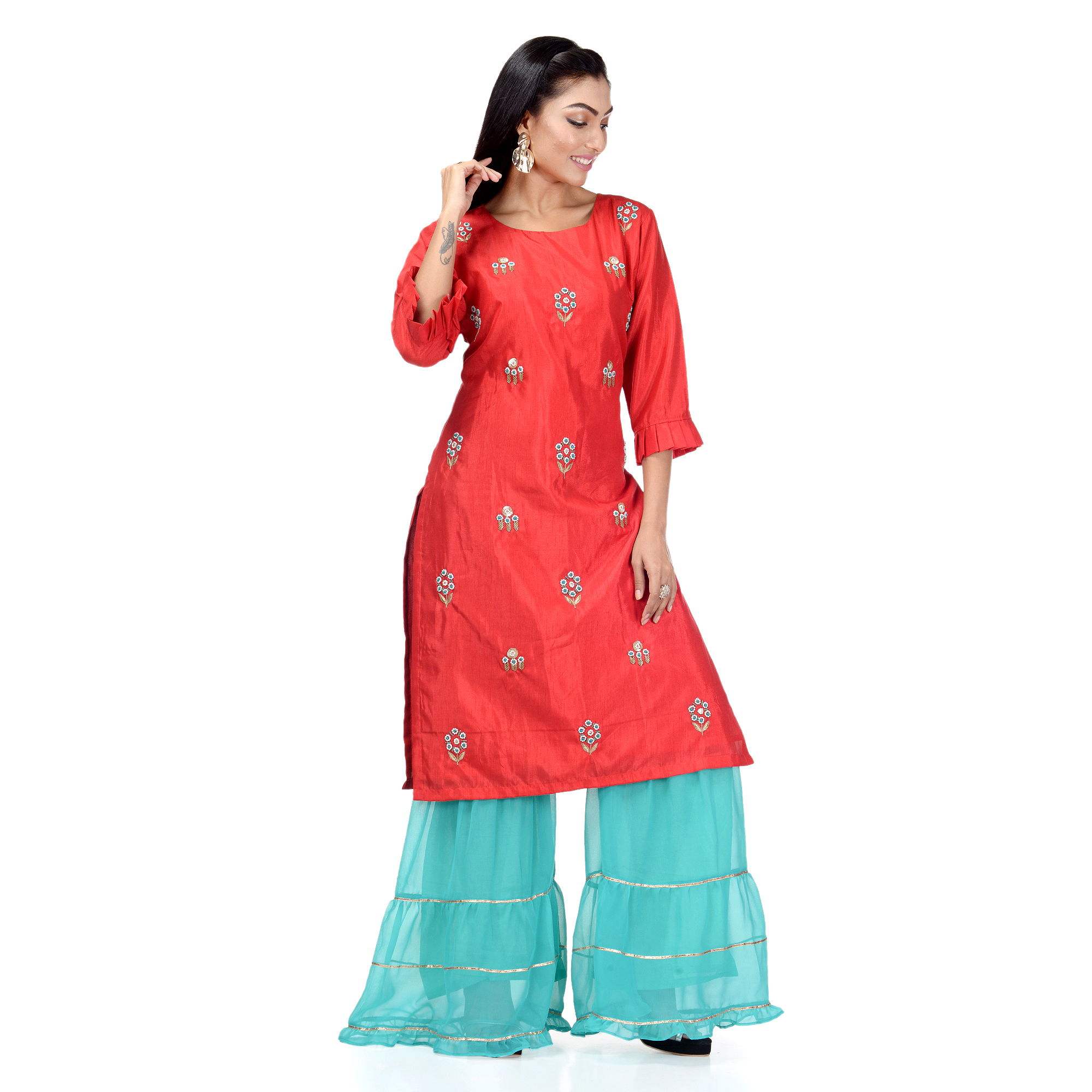Embroidered Kurti Plazzo Set - Georgette Material, Available Sizes S M L Xl | Heavy Hand Embroidery, Elegant Red Green Design