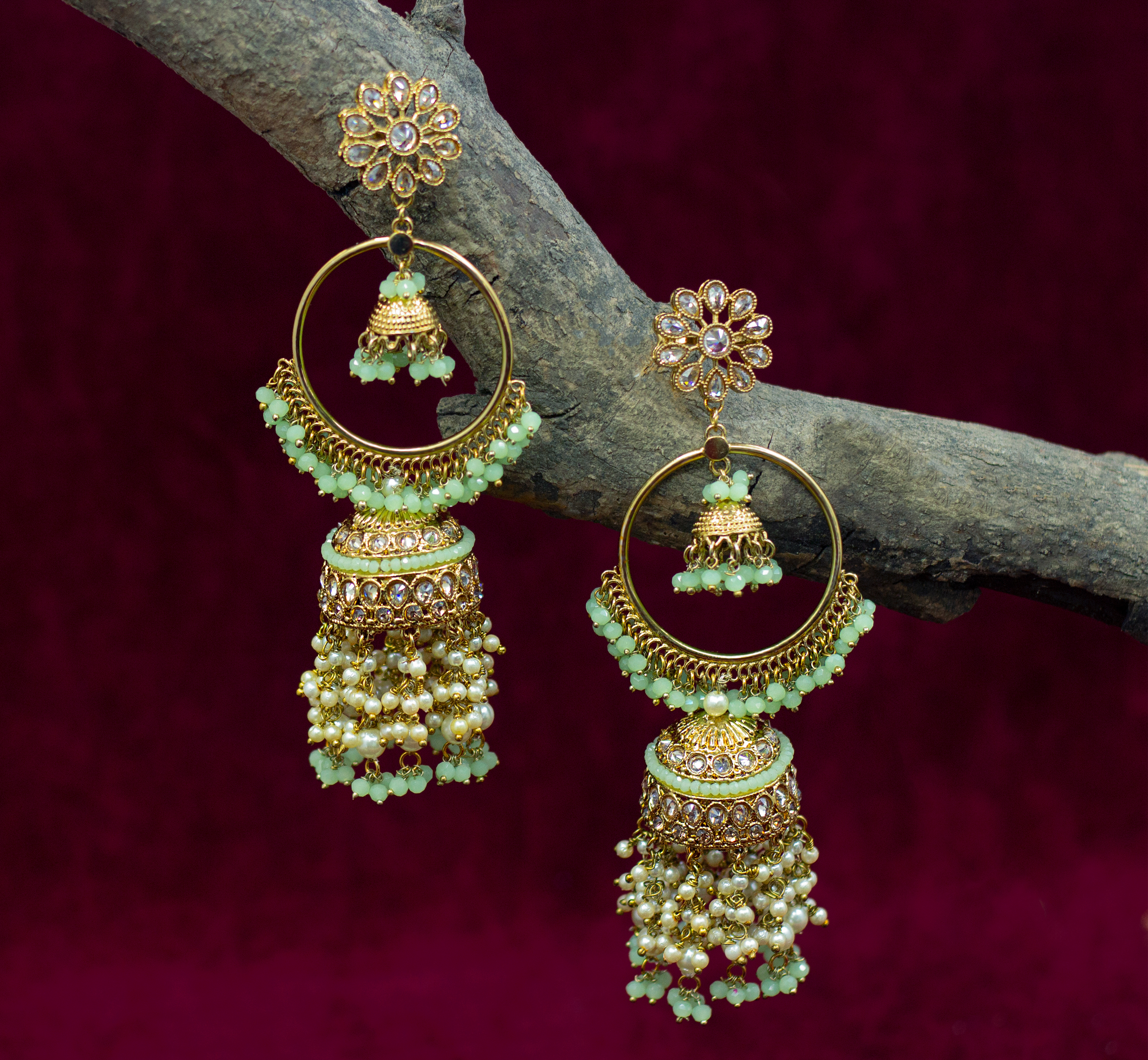 Light Green Traditional Gold Plated Antique Jhumki Ad Earrings