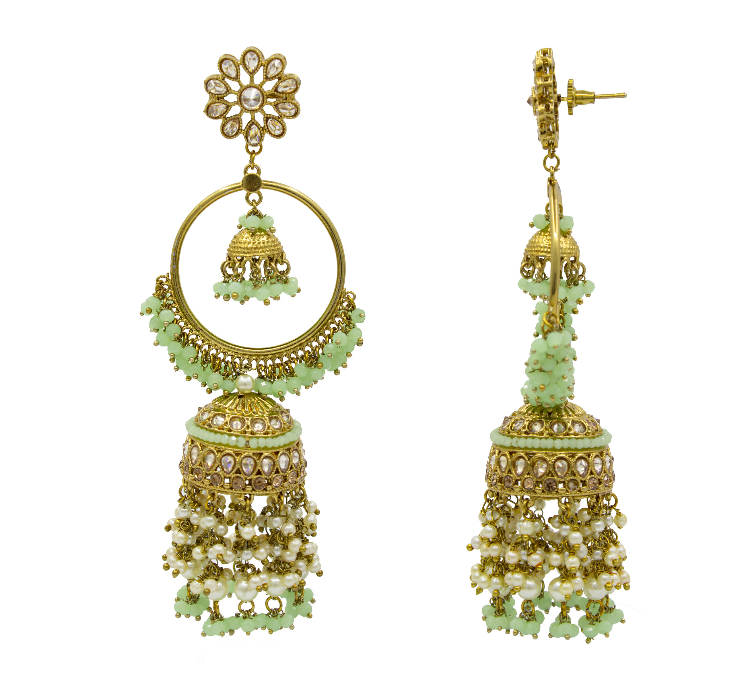 Light Green Traditional Gold Plated Antique Jhumki Ad Earrings