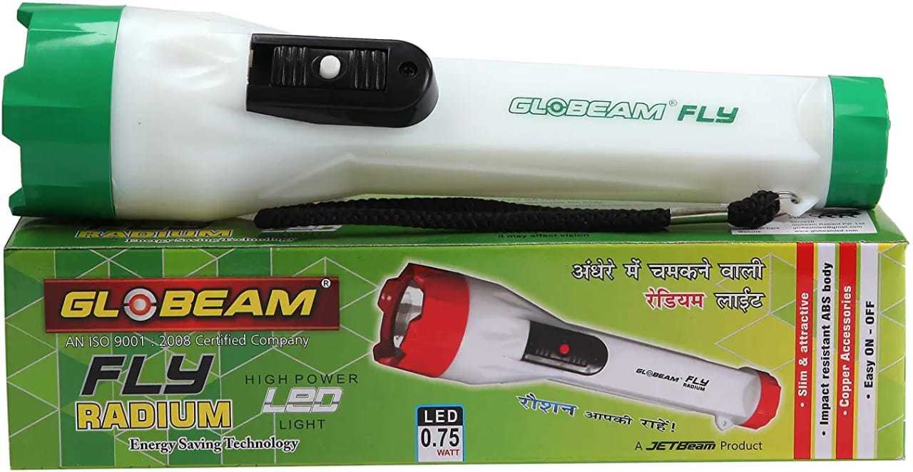 Globeam Fly Radium Battery Torch - Abs Plastic Body, 0.75 Watt Led, 3-aa Battery Operated | Lock Flasher Switch, Unique Radium Glow, Easy Carry Sling
