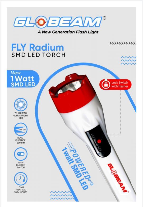 Globeam Fly Radium Battery Torch - Abs Plastic Body, 0.75 Watt Led, 3-aa Battery Operated | Lock Flasher Switch, Unique Radium Glow, Easy Carry Sling