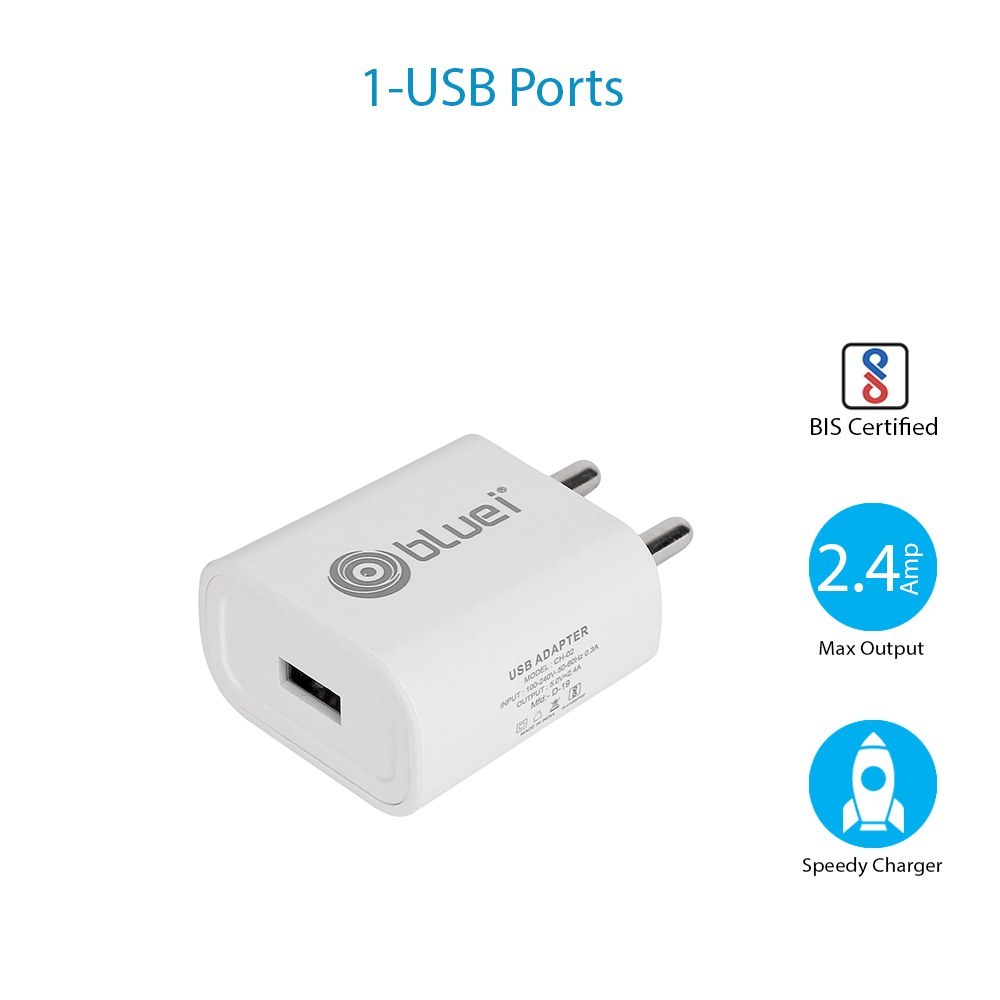 Bluei Ch-02 2.4a Single Usb Charger - Abs Plastic, 10.5x9.5x3 Cm, Input Voltage: 100-240v, Output Voltage: 5.0v=2.4a, Overload Protection, Compatible With Most Smartphones