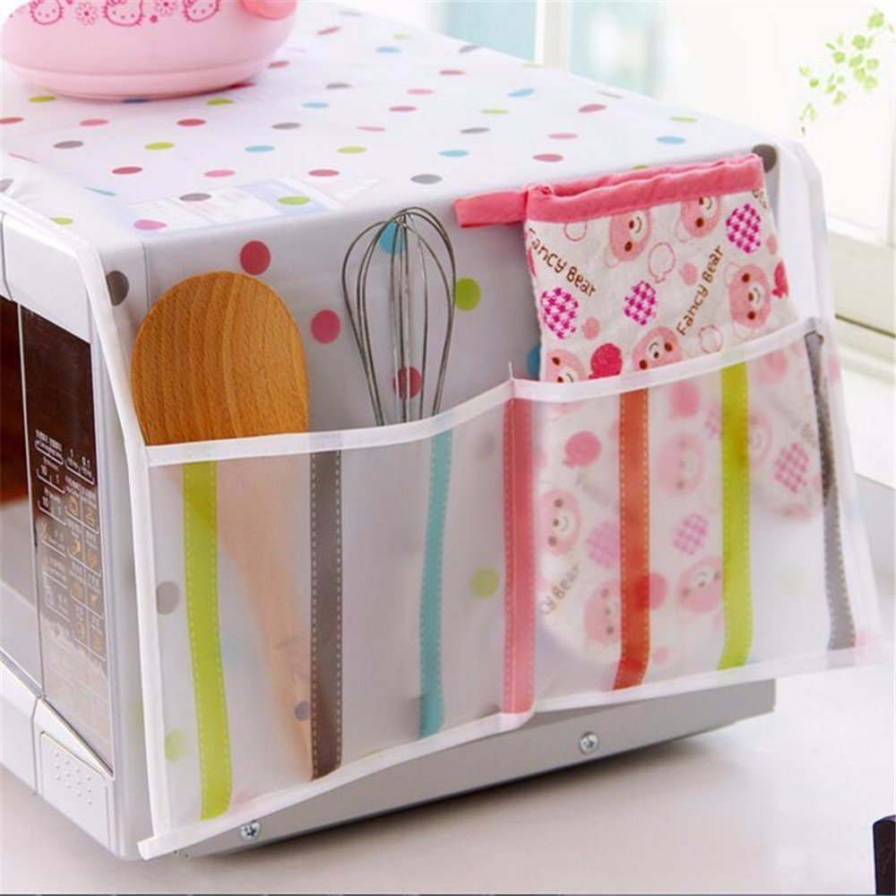 Microwave Oven Cover - 100% Waterproof Plastic, Spacious Pockets For Kitchen Tools, Elegant Design, Easy To Wash