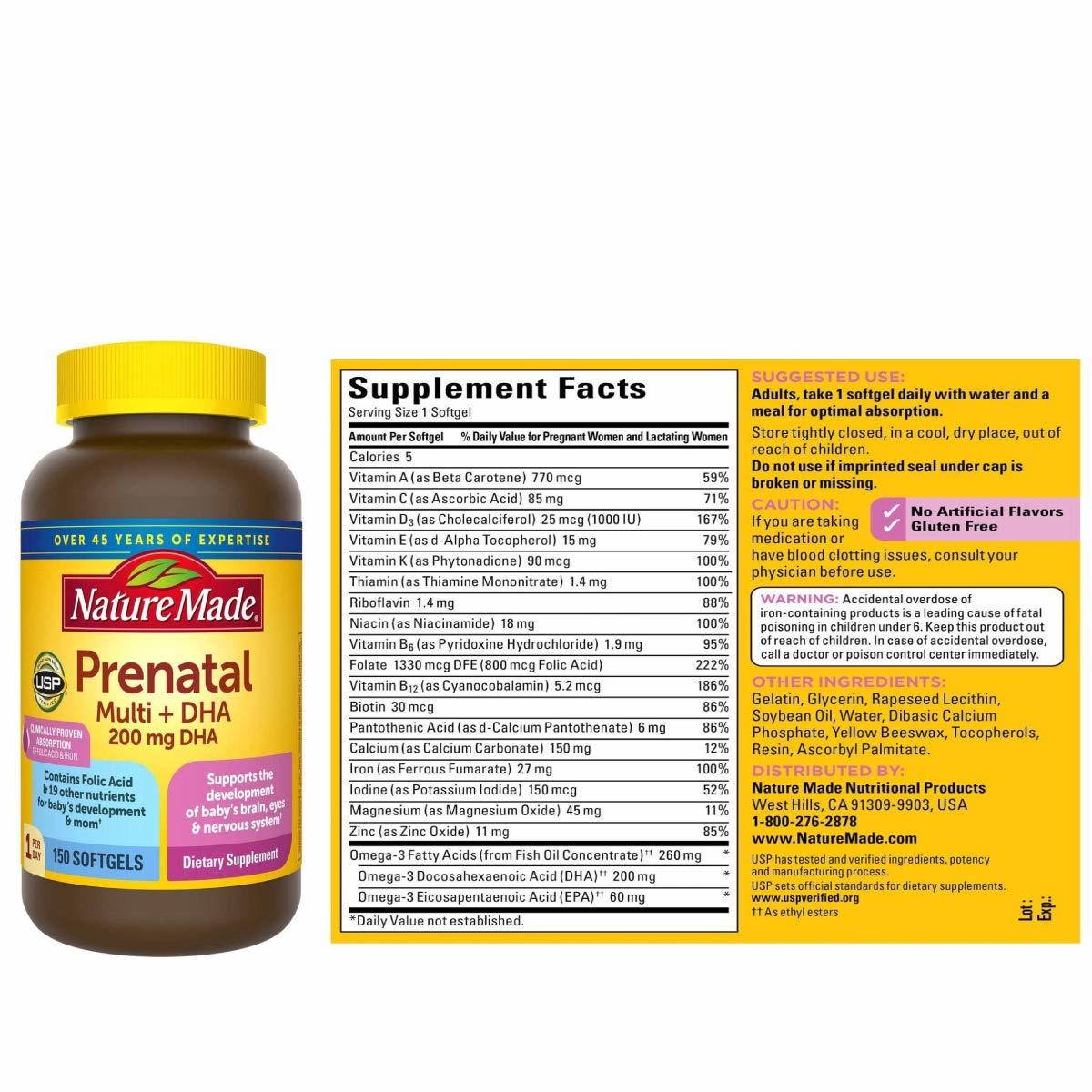 Nature Made Prenatal Multi + Dha, 200mg- 150 Softgels Efficacy: Promote Healthy & Growth