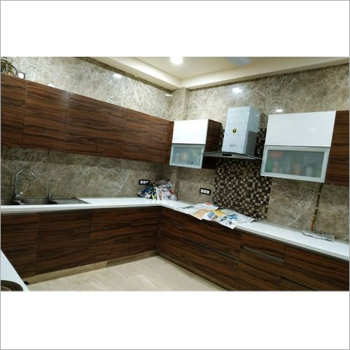 Wood Color L Shape Modular Kitchen