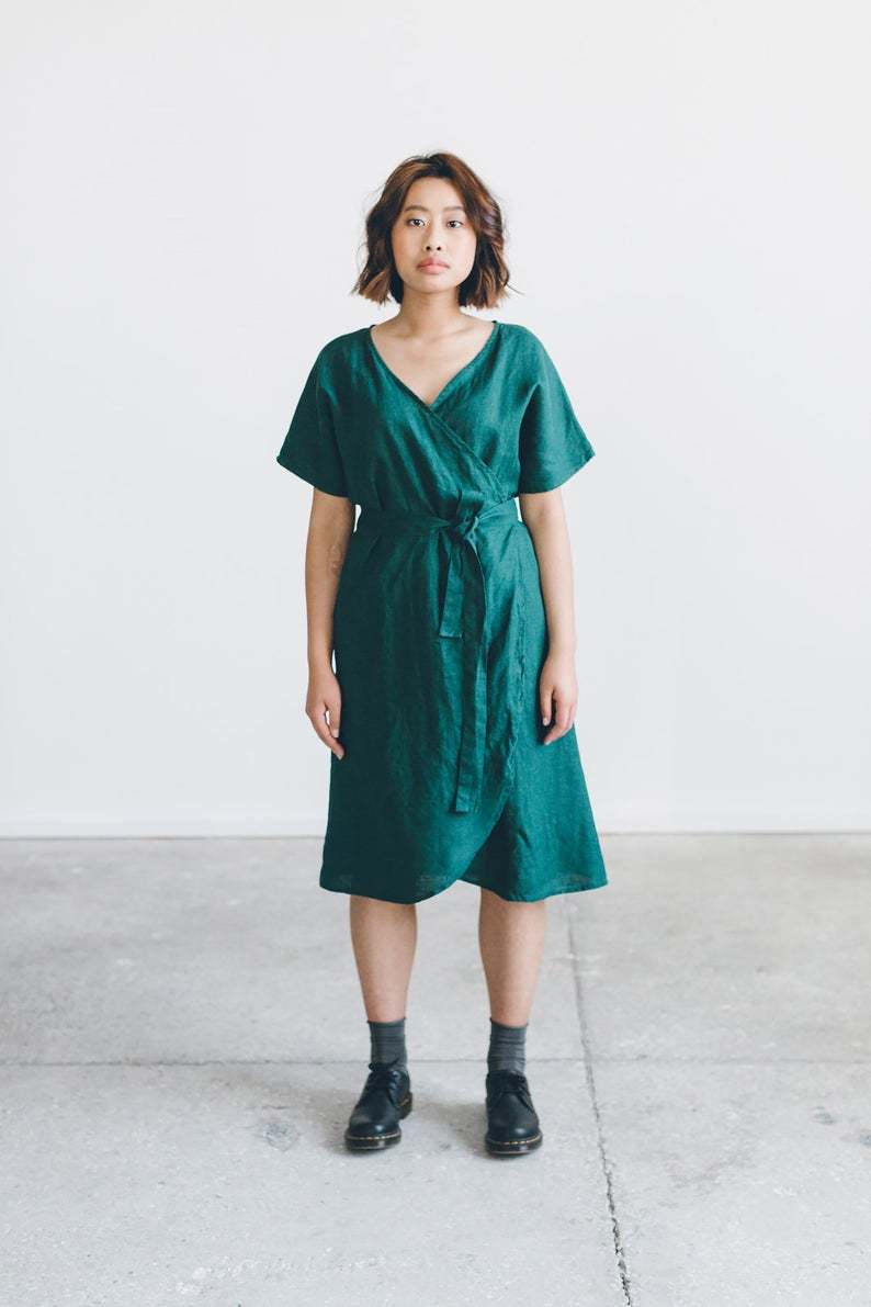 Pure Linen Summer Dress - 100% Linen Fabric Customized Sizes Available | Short Sleeves Plus Size All-season Wear