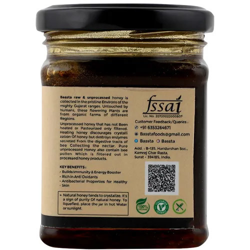 Bassta 250gm Raw And Unprocessed Honey - 250gm Pack Size | Grade A, Free From Preservatives, Ideal For Flavoring Chocolates And Candies
