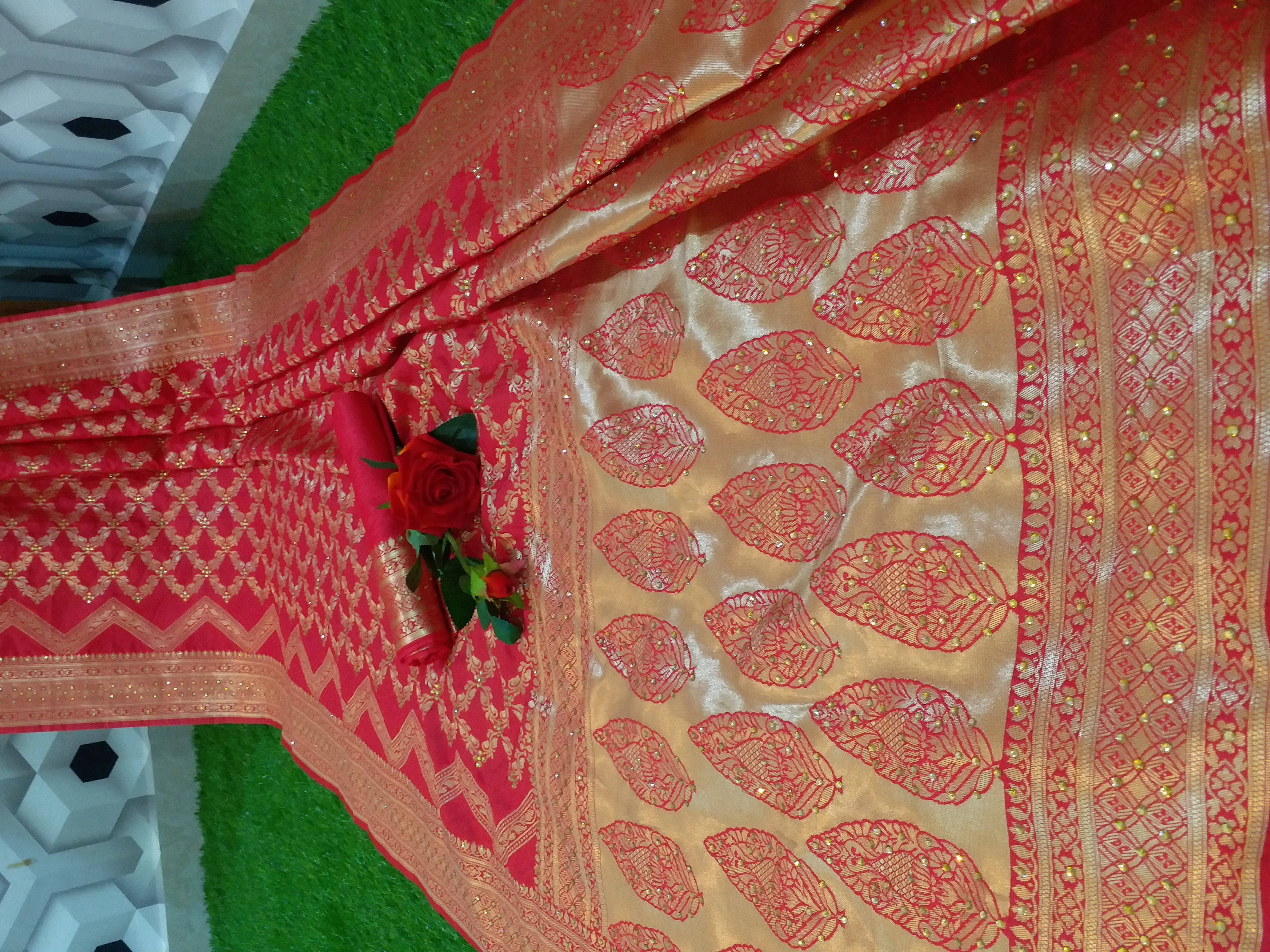 Festive Ladies Red Blend Woven Silk Designer Bandhej Saree