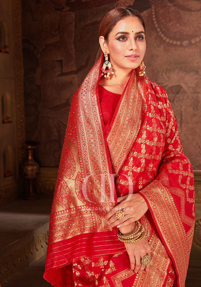 Festive Ladies Red Blend Woven Silk Designer Bandhej Saree