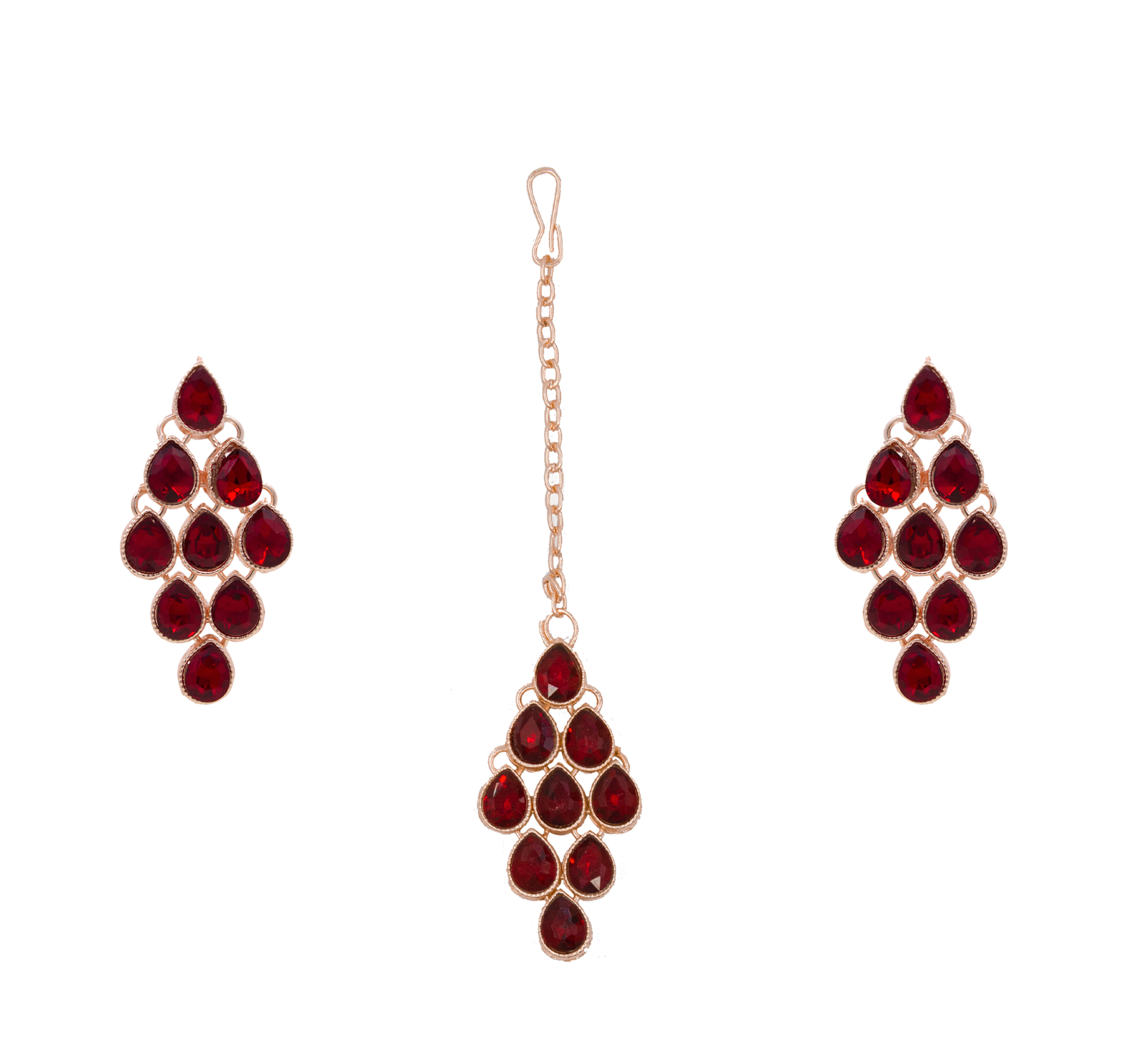 Rose Gold Plated Multi Line Necklace Set For Ladies - Alloy, Maroon Color | Perfect For Anniversary, Gifts, Parties, Includes Necklace, Earrings & Maangtikka