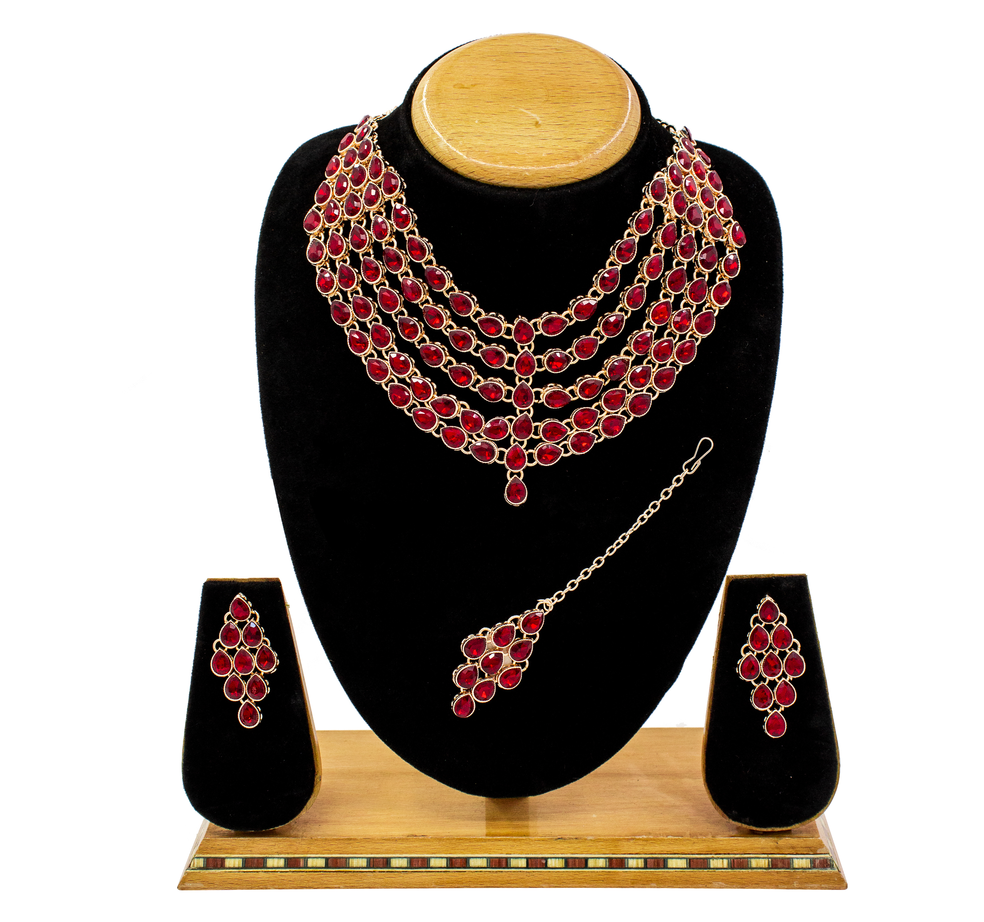 Rose Gold Plated Multi Line Necklace Set For Ladies - Alloy, Maroon Color | Perfect For Anniversary, Gifts, Parties, Includes Necklace, Earrings & Maangtikka