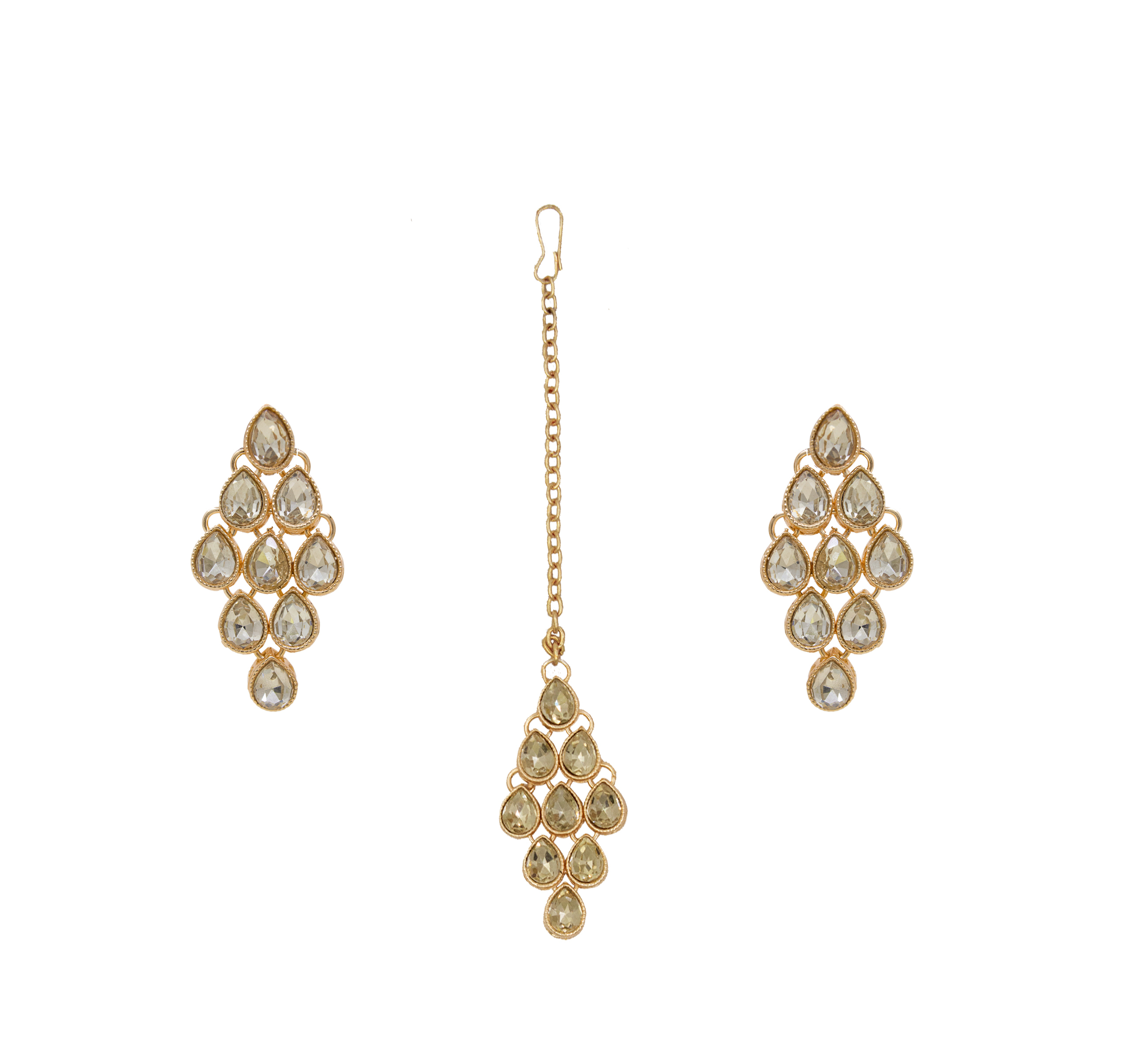 Glamorous Design Rose Gold Plated Multi Line Necklace Set For Women & Girls - Alloy Material White Color | Lightweight Earrings Traditional Maangtikka Skin Friendly Design