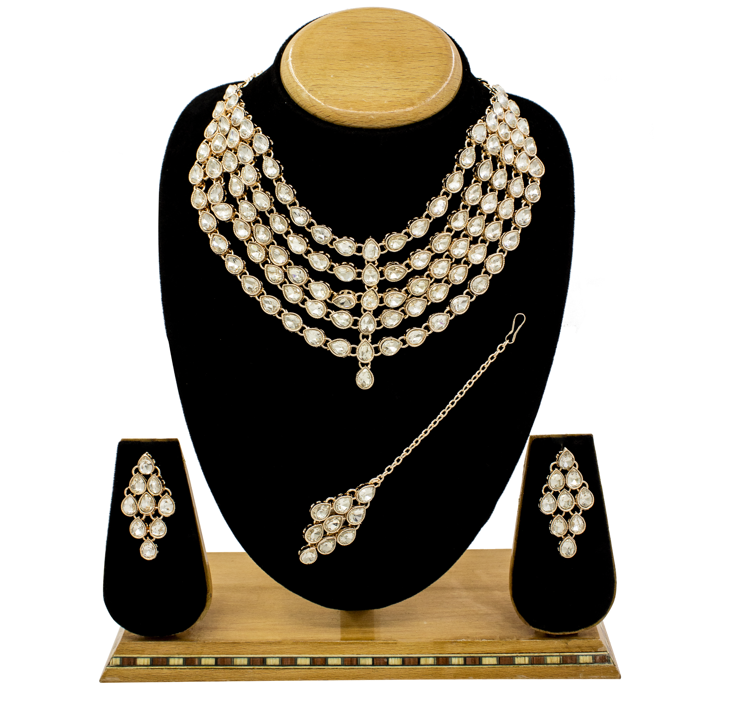 Glamorous Design Rose Gold Plated Multi Line Necklace Set For Women & Girls - Alloy Material White Color | Lightweight Earrings Traditional Maangtikka Skin Friendly Design