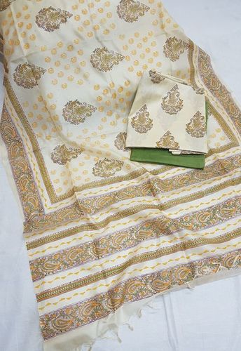 Tussar Silk Dress Material - Pure Hand Block Printed Fabric | Light Beige Ethnic Design